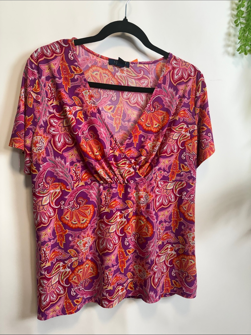 Chaps Pink and Orange Paisley V-Neck Short Sleeve Top